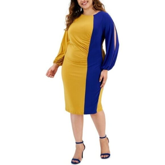 Kasper Plus Size Quinn Blue and Gold Colorblocked Split-Sleeve Dress NWT - Picture 1 of 7